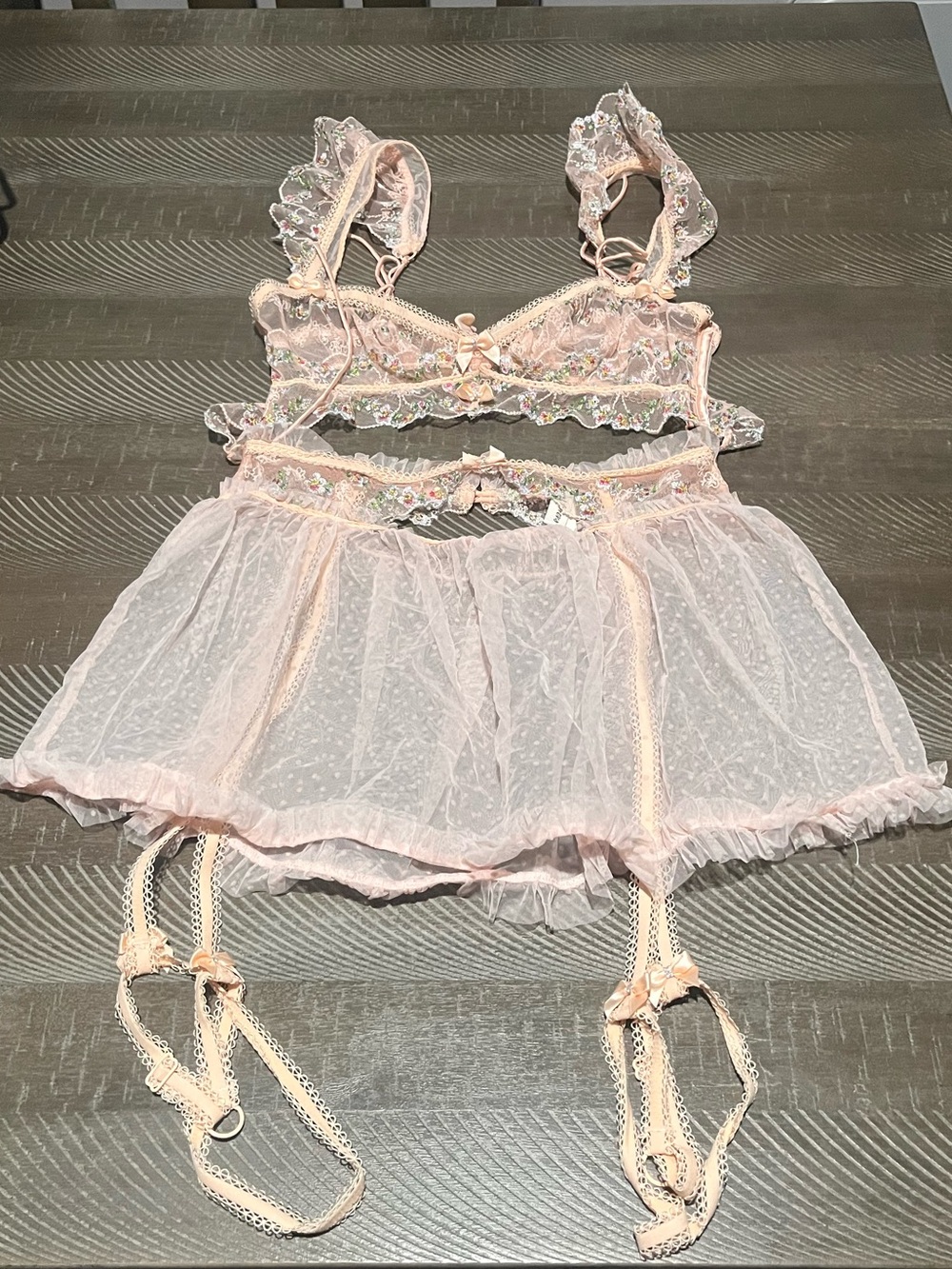 For Love And Lemons Sheer Blush Pink Lace Babydoll Chemise with Garter Details